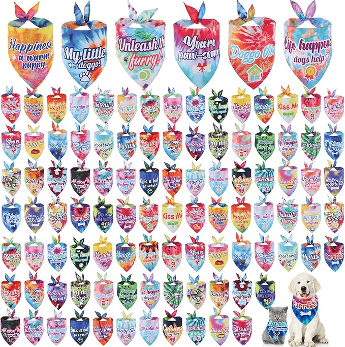Sweetude 100 Pcs Tie Dye Dog Bandanas Bulk with Sayings Pet Triangle Scarf Bibs Washable Puppy Kerchief Adjustable Grooming Supplies for Small Medium Large Dog Cat Costume Accessories