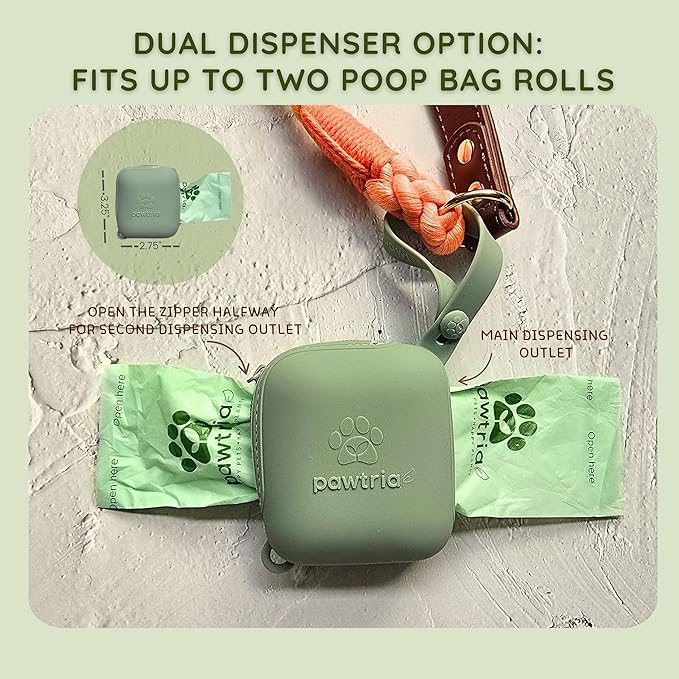Premium Silicone Dog Poop Bag Dispenser (Matte Green) with 1 Roll of Pawtria's Dog Poop Bags, BPA-Free, Leak Proof, Zero Waste, Zero Plastic, Supports Rescue Dogs (Dispenser + 15 Poop Bags)