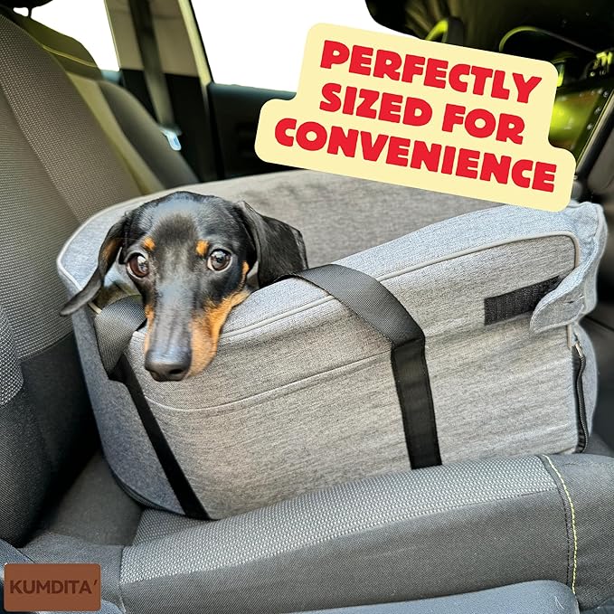 Kumdita' Center Console Dog Car Seat & Carrier for Small Dogs & Cats, 18.5 x 10.5 x 9.5 Inches, Sewn-in Leash (Gray)
