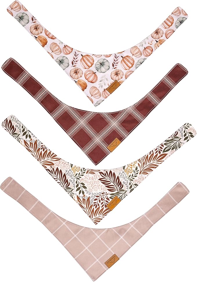 Remy+Roo Fall Dog Bandanas 4 Pack - Amber Set, Premium Durable Polyester Fabric, Patented Curved Design, Adjustable Fit for Small, Large, and XL Dogs, Trendy Patterns, Dog Fall Bandanas (XL)