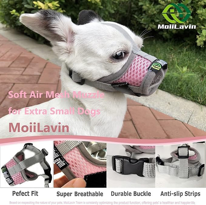 Extra Small Dog Muzzle XS for Grooming Barking Chewing, Barkless Soft Mesh Muzzles to Prevent Eating Poop Things,Best for Aggressive Dogs (Grey-Pink)