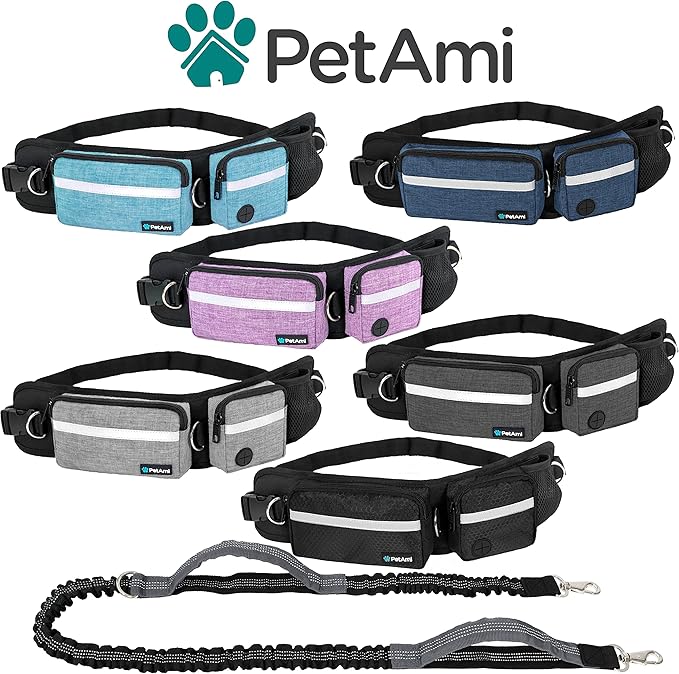 PetAmi Hands Free Dog Leash Belt Bag for Walking, Jogging - Double Zipper Pouch with Poop Bag Dispenser, Dual Padded Handles Reflective Bungee Leash, Single (Navy)