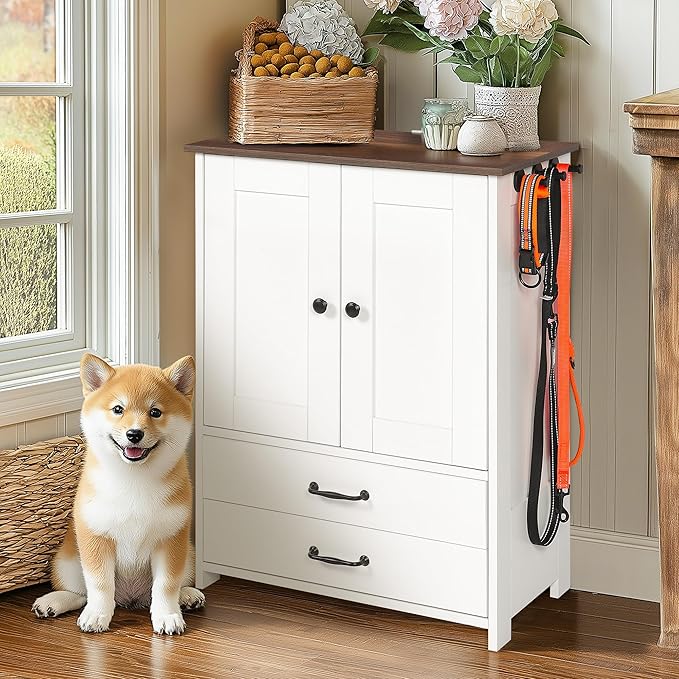 Dog Feeding Station,Double Door Locker with 2 Adjustable Bowls,Pet Food Storage Pet Feeder Cabinet Container with Dog Raised Bowls and Hanger for Feeding & Watering Supplies (White)