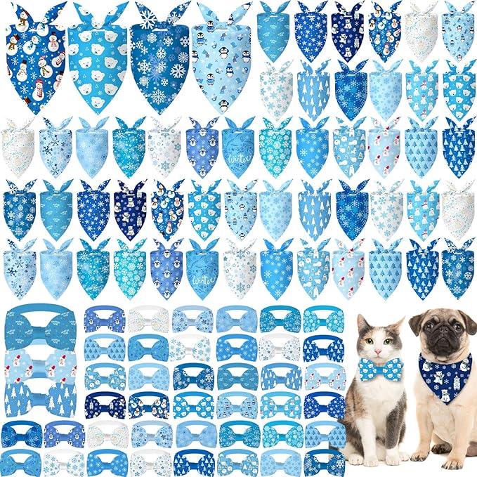 Sanwuta 100 Pcs Winter Dog Bandanas Bulk and Collar Bow Ties Set 50 Snowflake Cats Bandanas for Dogs 50 Winter Charm Doggie Collar Pet Triangle Scarf Bowtie for Small Medium Large Pets Costume