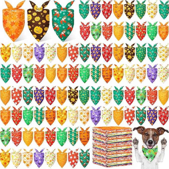 Preboun 200 Pcs Mixed Holiday Dog Bandanas Bulk Festival Bandanas for Dog Triangle Kerchief Bib Scarf Set for Pet Cat Party Costume Photo Props Accessories Pet Shops Owners Groomers, 25 Styles