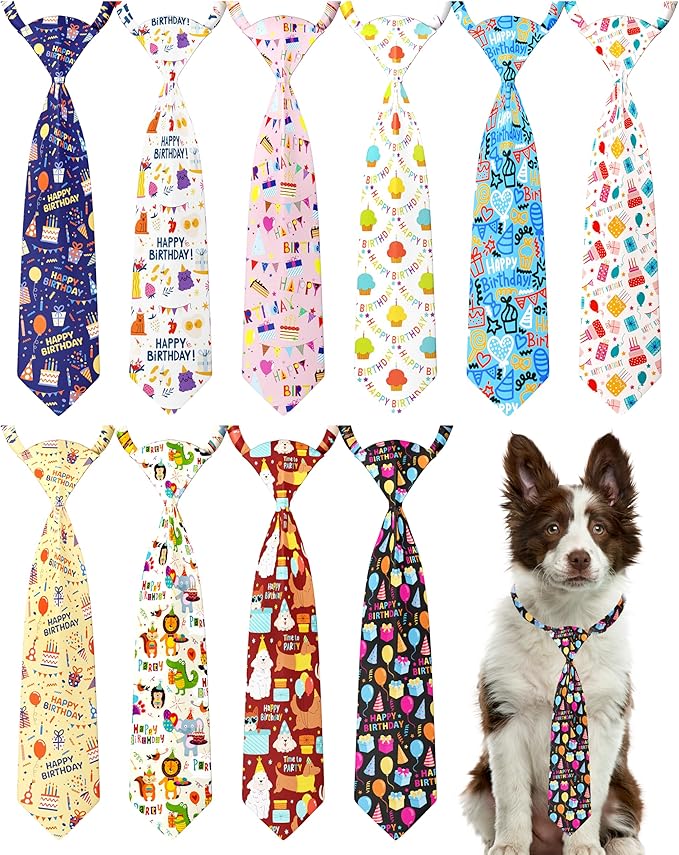 PET SHOW 10 Pack Happy Birthday Big Dog Ties Neckties for Large Breed Dogs XL Balloon Cake Neck Ties Bowties Girl Boy Pets Adjustable Holiday Costume Grooming Accessories Wedding Party Gift Favor