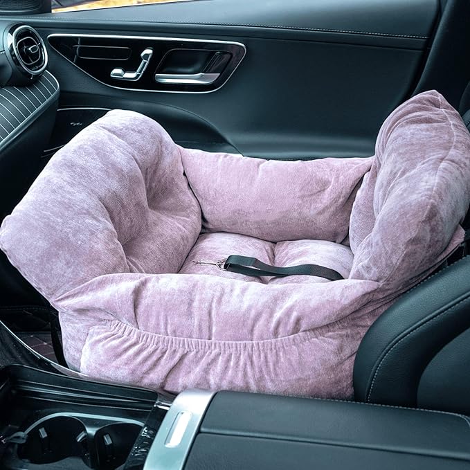 Pet Car Booster Seat for Small Dogs up to 25 lbs with Safety Straps, Storage Pockets, Travel Carrier Bed with Detachable Cover, Machine Washable (Light Purple)