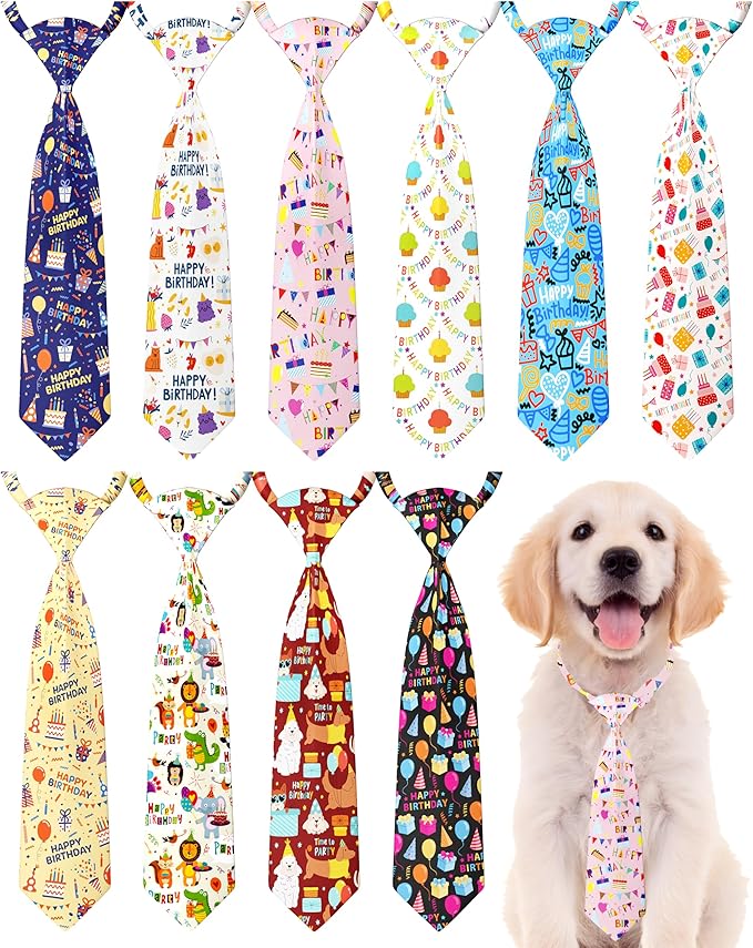 PET SHOW 10 Pack Happy Birthday Dog Ties Neckties for Large Medium Dogs Balloon Cake Neck Ties Bowties Girl Boy Pets Adjustable Holiday Costume Grooming Accessories Wedding Party Gift Favor