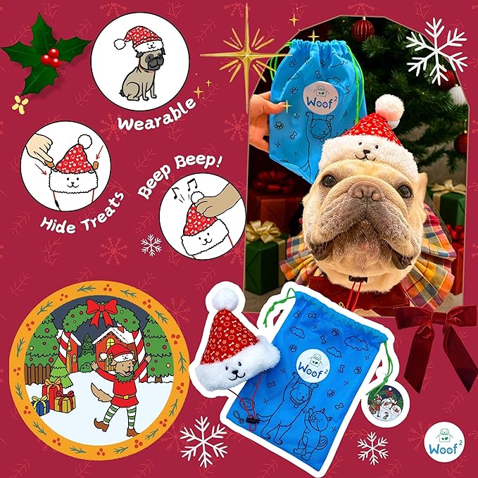 Christmas Santa Hat Plush Dog Toy (Small Size), Cute Soft Squeaky X’Mas Gift with Hidden Treat Pocket, Wearable Play Design, Crinkle Sound, Perfect for Small & Medium Dogs