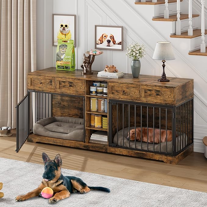 IDEALHOUSE 82" Large Dog Crate for 2 Dogs, Dog Kennel Indoor with 4 Drawers and Shelves, Double Dog Crate Furniture TV Stand, Wooden Dog Cage for Medium Large Dogs, Brown