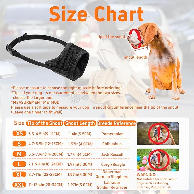 Dog Muzzle, Soft Breathable Muzzle for Small Medium Large Dogs, Air Mesh Nylon Muzzle Cover Prevent Biting Barking Chewing, Adjustable Drinkable Pet Muzzle 6 Sizes(Black,XL)
