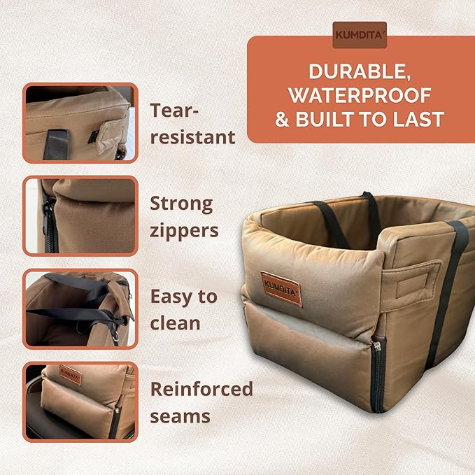 Kumdita' Center Console Car Seat & Carrier for Small Dogs & Cats with Dual Over-Seat Straps, Sewn-in Safety Leash & PE Board Base (Brown)