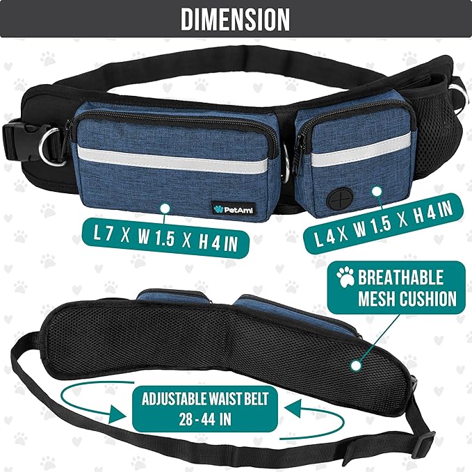 PetAmi Hands Free Dog Leash Belt Bag for Walking, Jogging - Double Zipper Pouch with Poop Bag Dispenser, Dual Padded Handles Reflective Bungee Leash, Single (Navy)