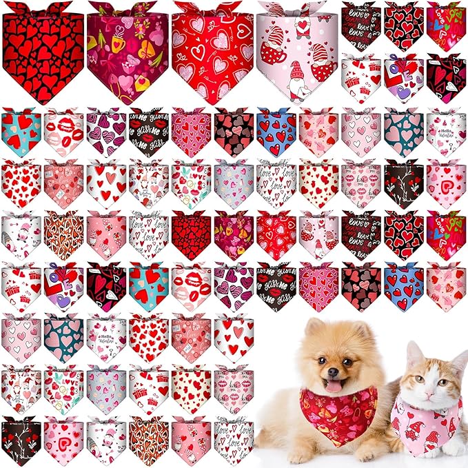 Reginary 72 Packs Valentine's Dog Bandanas Bulk Dog Heart Red Bandanas Valentine Pet Scarf Bibs Triangle Puppy Bibs Adjustable Puppy Scarf for Pet Costume Accessories