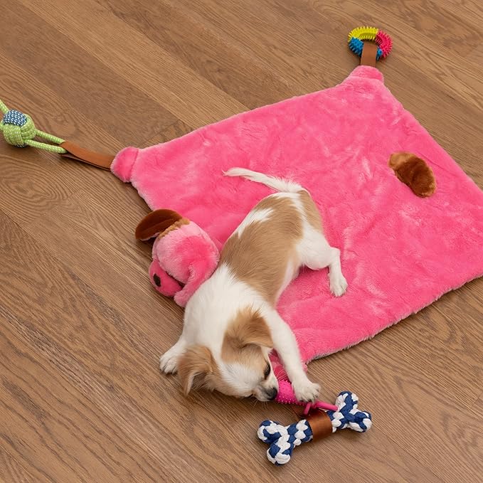 Puppy Play Mat - Pink for Small Breeds, 23'x20' Dog Mat with Detachable Teething Toys and Ropes