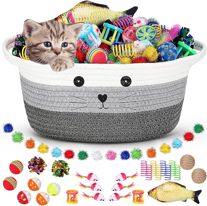 Zopeal 58 Pcs Cat Storage Basket Gift Toys Set, Colorful Flashing Balls Pet Bell Crinkle Balls Spring Toys Attract Cat to Swat, Hunt, Interactive for Pet(Multicolor,12 Inch)
