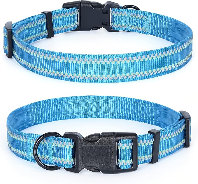 Mile High Life Reflective Dog Collar, Basic Dog Collars Adjustable Quick Release, Soft Nylon Pet Collar with Metal D-Ring for Small Medium Large Dogs (Hot Blue, L Neck15-19")