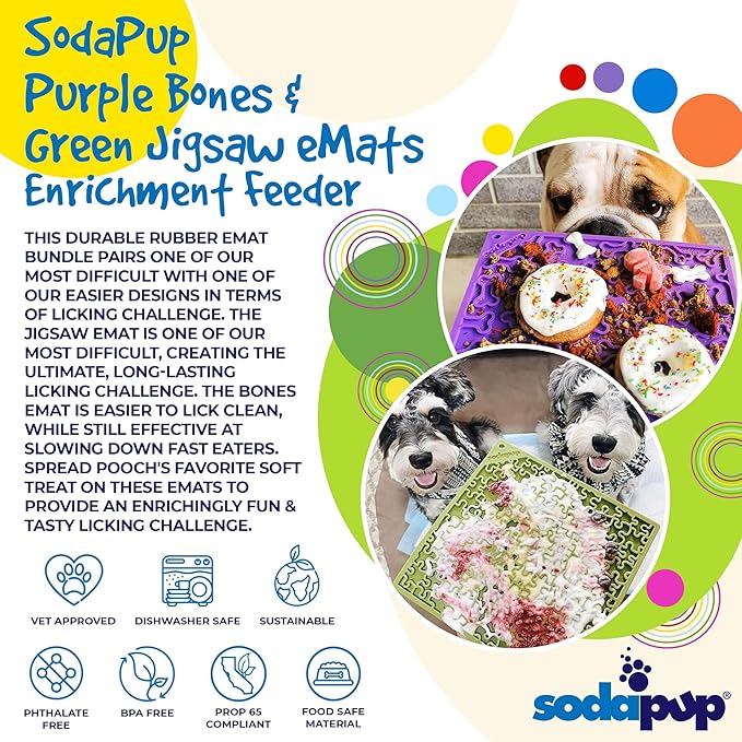 SodaPup Purple Bones & Green Jigsaw eMat Bundle – Durable Lick Mat Feeder Made in USA from Non-Toxic, Pet-Safe, Food Safe Rubber for Avoiding Overfeeding, Digestive Health, Calming, & More