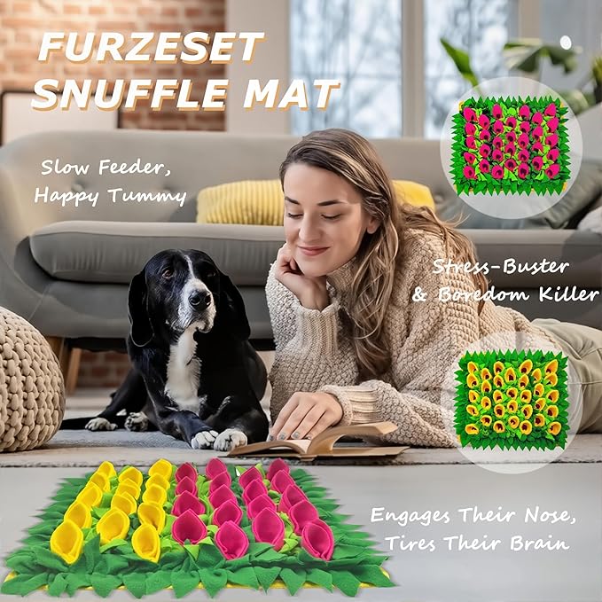 Snuffle Mat for Dogs, Cats, Rabbits, Guinea Pigs, Durable Washable Pet Feeding Mat, Flower & Grass Slow Feeder, Nose Work Training Pad, Anxiety Relief & Mental Stimulation(S, Rose Red)