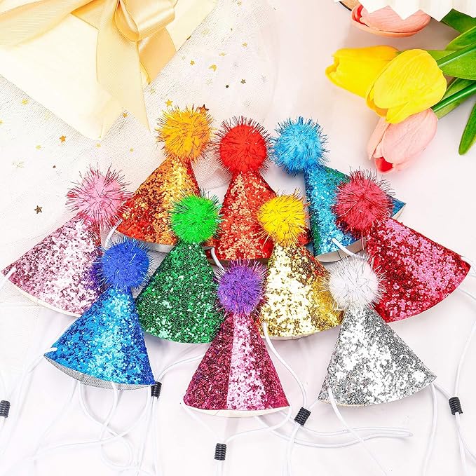 Mini Party Hats, 10Pcs Small Birthday Hats with Sequins for Stuffed Animals, Glittery Cone Party Hats with Pom-Pom Top for Dogs Cats Puppies Kittens, Colorful Festive Birthday hat for Pet Celebrations
