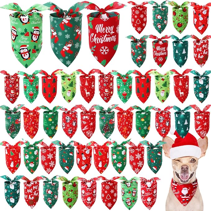 Preboun 50 Pcs Christmas Dog Bandanas Bulk Red and Green Bandanas for Dogs Triangle Kerchief Bibs Scarf Set for Pet Xmas Costume Photo Props Accessories Pet Shops, 25 Styles (19.7 x 13.8 x 13.8)