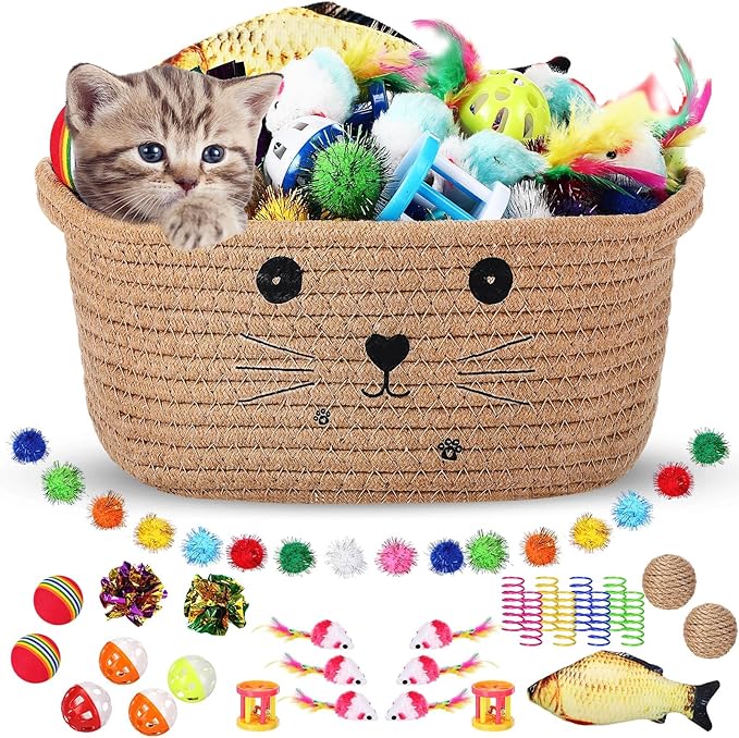 Zopeal 58 Pcs Cat Storage Basket Gift Toys Set, Colorful Flashing Balls Pet Bell Crinkle Balls Spring Toys Attract Cat to Swat, Hunt, Interactive for Pet(Khaki,9.8 Inch)