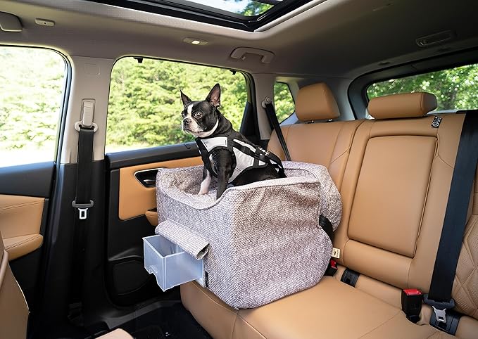 Snoozer Dog Car Seat with Storage Tray: Lookout II Dog Booster Car Seat for Pets up to 25lbs, Helps Alleviate Travel Sickness & Fear for Dogs, Removable Washable Cover – Merlin Linen, Size Medium