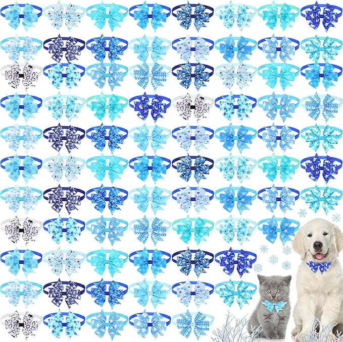 Maitys 80 Pcs Winter Snowflake Dog Bow Tie Adjustable Winter Dog Collar with Bow Ties 20 Styles Snow Snowman Snowflake Elk Pet Grooming Accessories Attachment Pet Supplies for Xmas Holiday Decor