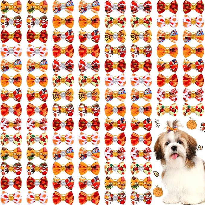 Tondiamo 100 Pack Thanksgiving Dog Hair Bows with Rubber Bands Puppy Rhinestone Grooming Pumpkin Turkey Pattern Accessories for Small Girl