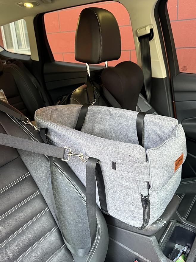 Kumdita' Center Console Car Seat & Carrier for Small Dogs & Cats with Dual Over-Seat Straps, Sewn-in Safety Leash & PE Board Base (Grey)