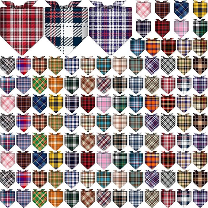 Amylove 120 Pcs Dog Bandanas Bulk Holiday Triangle Dog Pack Puppy Kerchief Bandana Adjustable Pet Scarf for Pet Cat Costume Accessories Decor(Plaid)