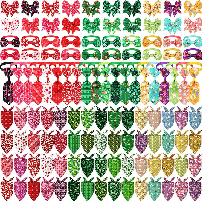 Reginary 120 Pcs Valentine St. Patrick's Day Easter Dog Bandanas Bulk Dog Bows Set Bow Ties Cat Scarf Colorful Washable Triangle Pet Kerchief Cute Bib for Small Medium Large Pets Grooming Accessories