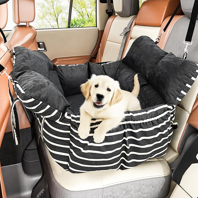 Small Dog Car Seats Washable Dog Booster Seat for Car Clip-On Leash and Cushion with Storage Pockets Under 25lbs Portable Travel Pet,Black with Handle
