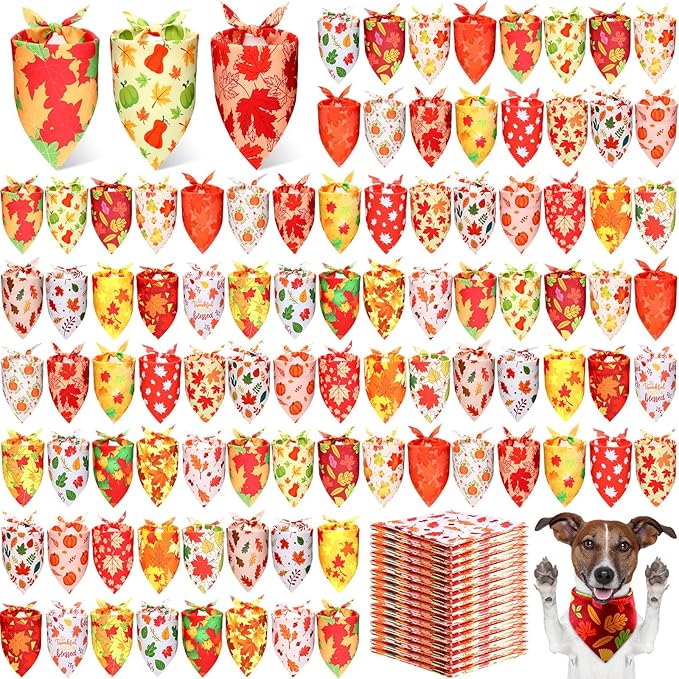Preboun 200 Pcs Fall Thanksgiving Dog Bandana Bulk Pumpkin Maple Leaves Bandana for Dogs Triangle Kerchief Bib Scarf for Pets Autumn Costume Photo Props Accessories Pet Shops Adoption Event, 25 Styles