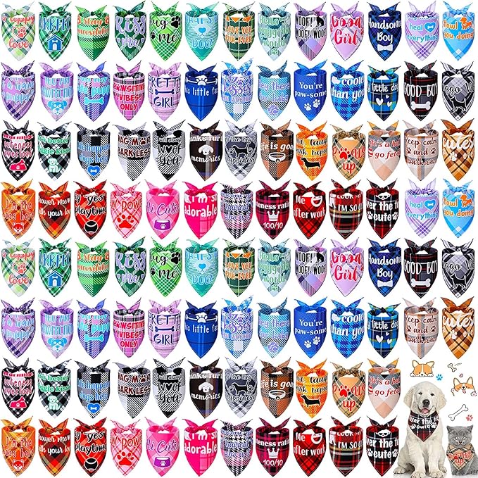 Sweetude 100 Pcs Plaid Dog Bandanas Bulk Paw Print Dog Scarf Bibs Puppy Pet Bandanas with Captions Adjustable Cat Outfit Washable Triangle Scarf Kerchief for Small to Medium