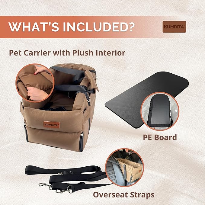 Kumdita' Center Console Car Seat & Carrier for Small Dogs & Cats with Dual Over-Seat Straps, Sewn-in Safety Leash & PE Board Base (Brown)