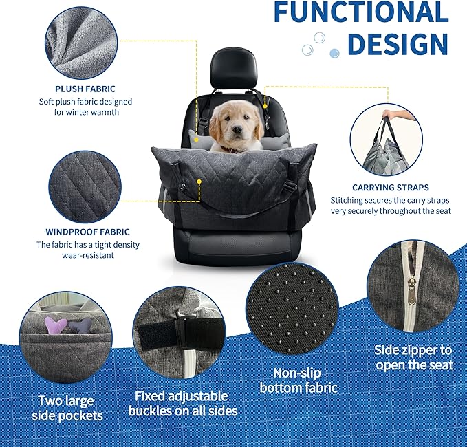 Johnear Dog Car Seat for Medium Dog Under 55 lbs, Winter Warm Pet Booster Seat Pet Travel Car Bed with 2 Pockets Safety Leash，Detachable and Waterproof Dogs Carrier Handbag Plush Seats Cushion Gray