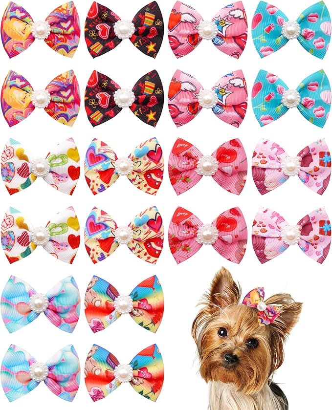 PET SHOW 20 Pack Valentines Dog Hair Bows with Alligator Clips for Small Medium Dogs Bowknot Hair Clips Cat Puppy Yorkshire Grooming Hair Accessories Rose Red Pink for Party Costumes