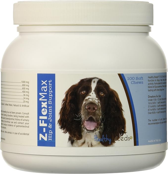 Healthy Breeds English Springer Spaniel Z-Flex Max + Glucosamine + Chondroitin + Omegas - Hip & Joint Support for Improved Mobility - 100 Bacon Flavored Soft Chews