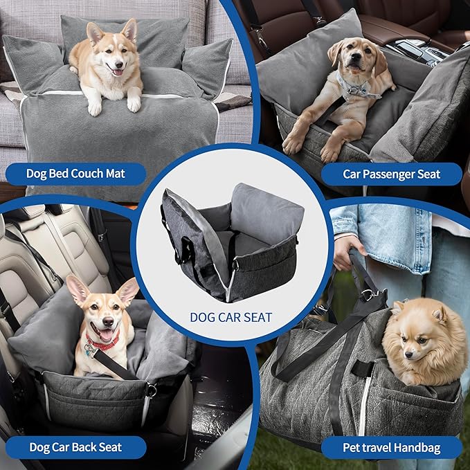 Johnear Dog Car Seat for Medium Dog Under 55 lbs, Winter Warm Pet Booster Seat Pet Travel Car Bed with 2 Pockets Safety Leash，Detachable and Waterproof Dogs Carrier Handbag Plush Seats Cushion Gray