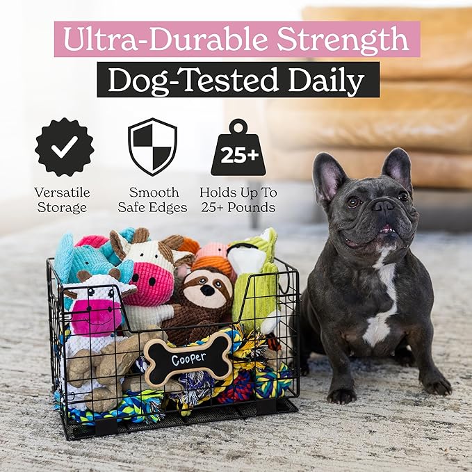 Dog Toy Basket for Dogs and Cats (15” x 10” x 9”) - Heavy-Duty Carbon Steel Storage Bin Holds Pet Chew Toys, Bones, Ropes, Blankets, Towels, Treats - Dog Toy Box for Living Room Area Organization
