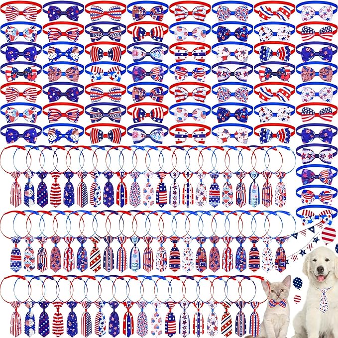 Eccliy 120 Pcs 4th of July Patriotic Dog Bow Ties Independence Day Red White Blue Bow Ties Dog Collars American USA Memorial Day Patriotic Bowties Neckties Adjustable Basic Pet Collars Accessories