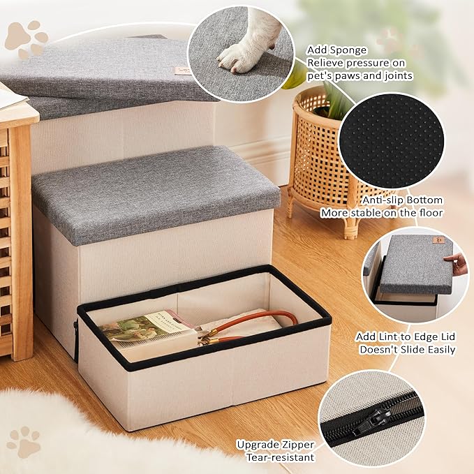 Love's cabin Dog Stairs for High Bed 18"H,Foldable Pet Stairs for Small Medium or Large Dogs Puppy with Storage for Bed or Couch, Cat Dog Steps Ramp with Zip up to 200 lbs(Light Grey,3 Steps no Condo)