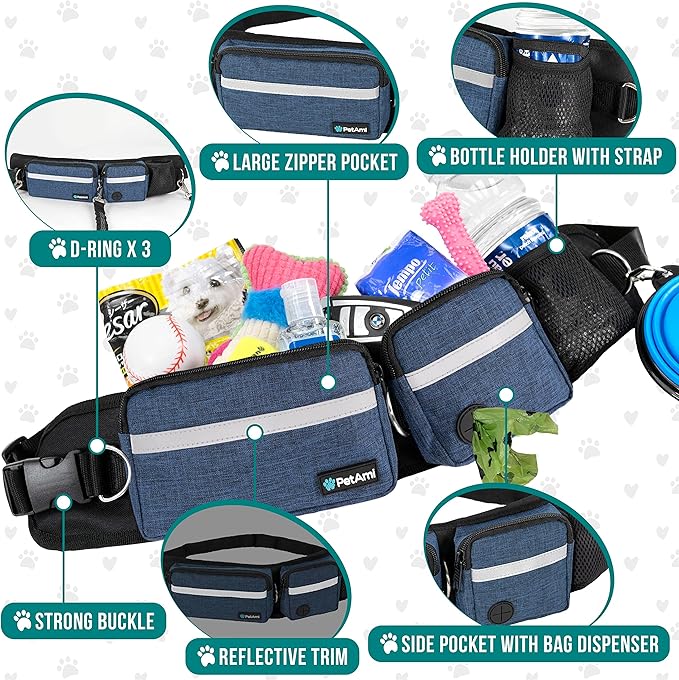 PetAmi Hands Free Dog Leash Belt Bag for Walking, Jogging - Double Zipper Pouch with Poop Bag Dispenser, Dual Padded Handles Reflective Bungee Leash, Single (Navy)