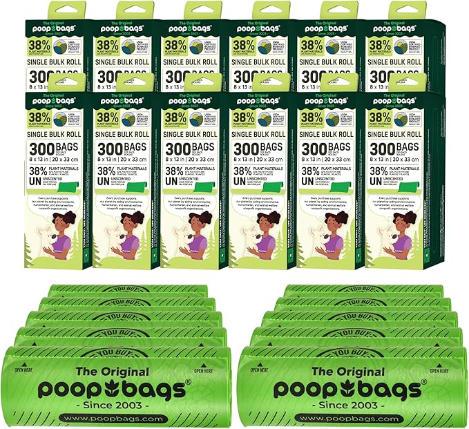 The Original Poop Bags® USDA Certified 38% Plant-Based Dog Poop Bag Refills, Single Bulk Roll, Unscented, 3600 Count