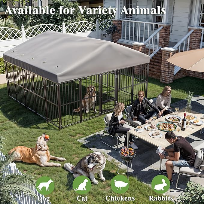 Large Dog Kennel Outside 10X10FT Heavy Duty Dog Cage with Feeding Door, Outdoor Dog Run with Roof and Double Safety Locks for Pets Enclosures