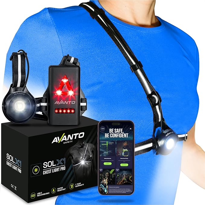 AVANTO SOLX1 Pro Chest Light for Running & Night Walking | Running Headlamp Flashlight Performance | USB-C Charge | Adjustable Beam | Reflective Safety Harness in Black