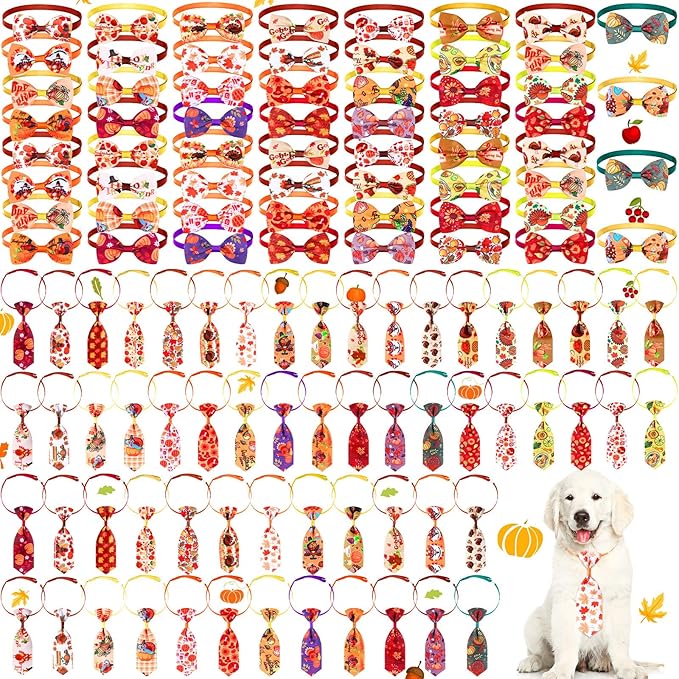 Eccliy 120 Pcs Thanksgiving Dog Bow Tie Bulk Fall Dog Grooming Bows Thanksgiving Adjustable Pumpkin Turkey Maple Leaves Pattern Pet Neckties for Small Medium Large Pet Cats