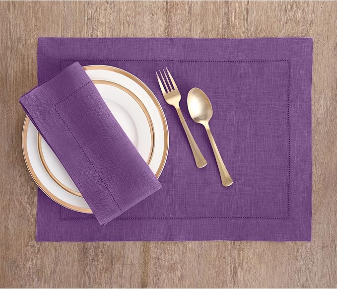 Solino Home Purple Linen Napkins Set of 4-100% Pure Linen Hemstitch Dinner Napkins 20 x 20 Inch for Winter, Holiday, Valentines, New Year - Classic Hemstitch