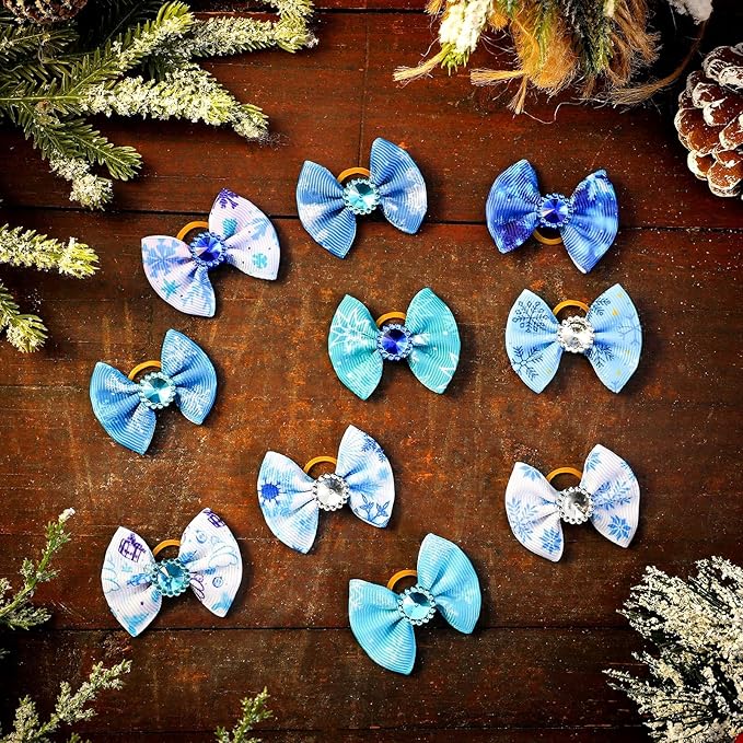 Tondiamo 100 Pack Winter Snowflake Dog Hair Bows with Rubber Bands White Blue Rhinestone Puppy Bows Winter Pet Dog Hair Grooming Accessories for Small Girl Dogs (Snowflake Pattern)